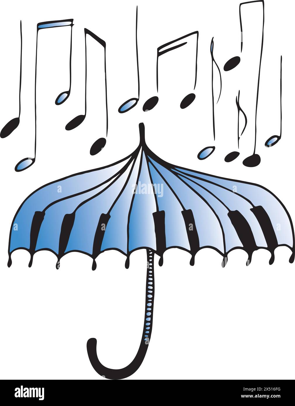 Sketch, un parapluie ouvert sous la pluie avec des notes de musique. Le concept d'une mélodie musicale de la pluie. Illustration de Vecteur