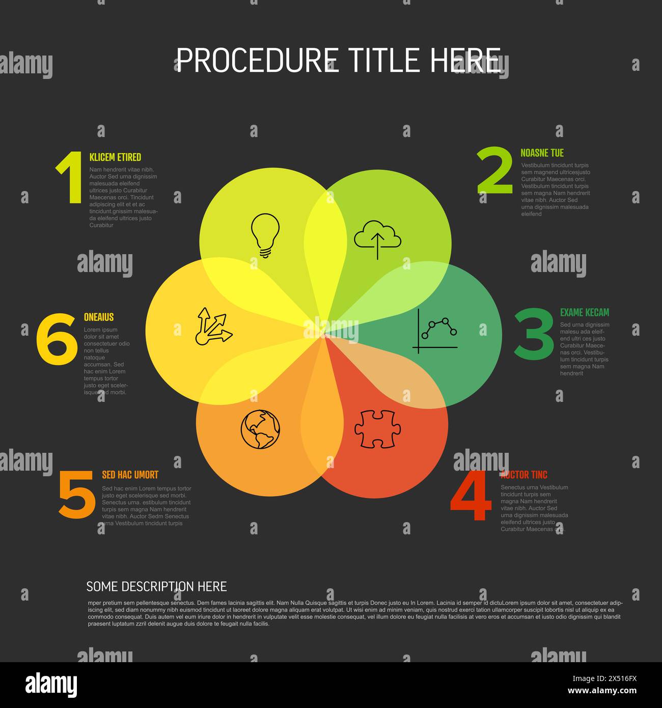 Modèle d'infographie frais avec six éléments de conception de pétales verts et rouges sur fond sombre avec des icônes et des descriptions. Modèle d'infographie polyvalent Illustration de Vecteur