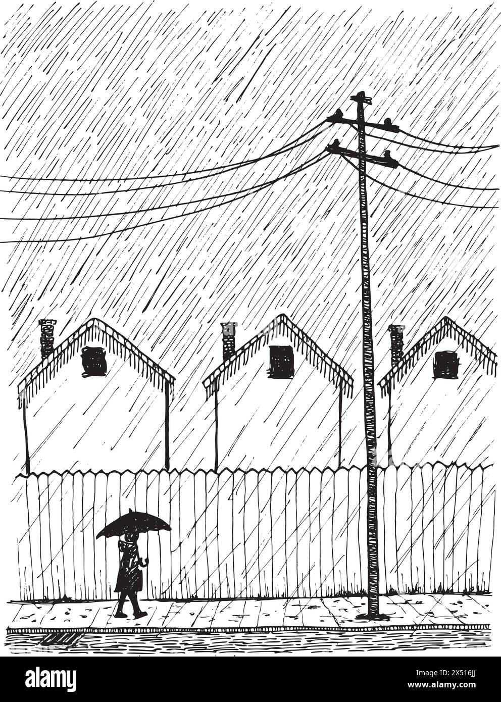 Jeune homme marchant sous la pluie sous parapluie. Illustration dessinée à la main, esquisse vectorielle. Illustration de Vecteur