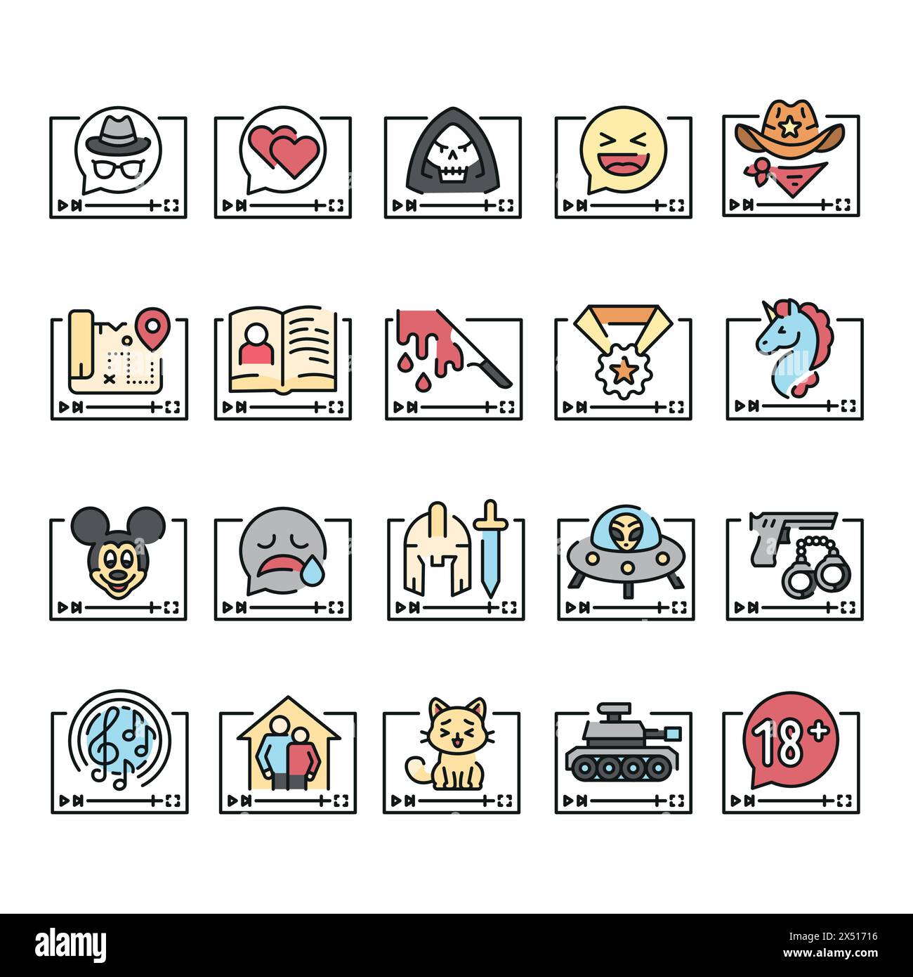 Icônes noires de ligne de genres de film définies. Signes pour page web, application mobile, bouton, logo. Boutons isolés par vecteur. Contour modifiable. Illustration de Vecteur