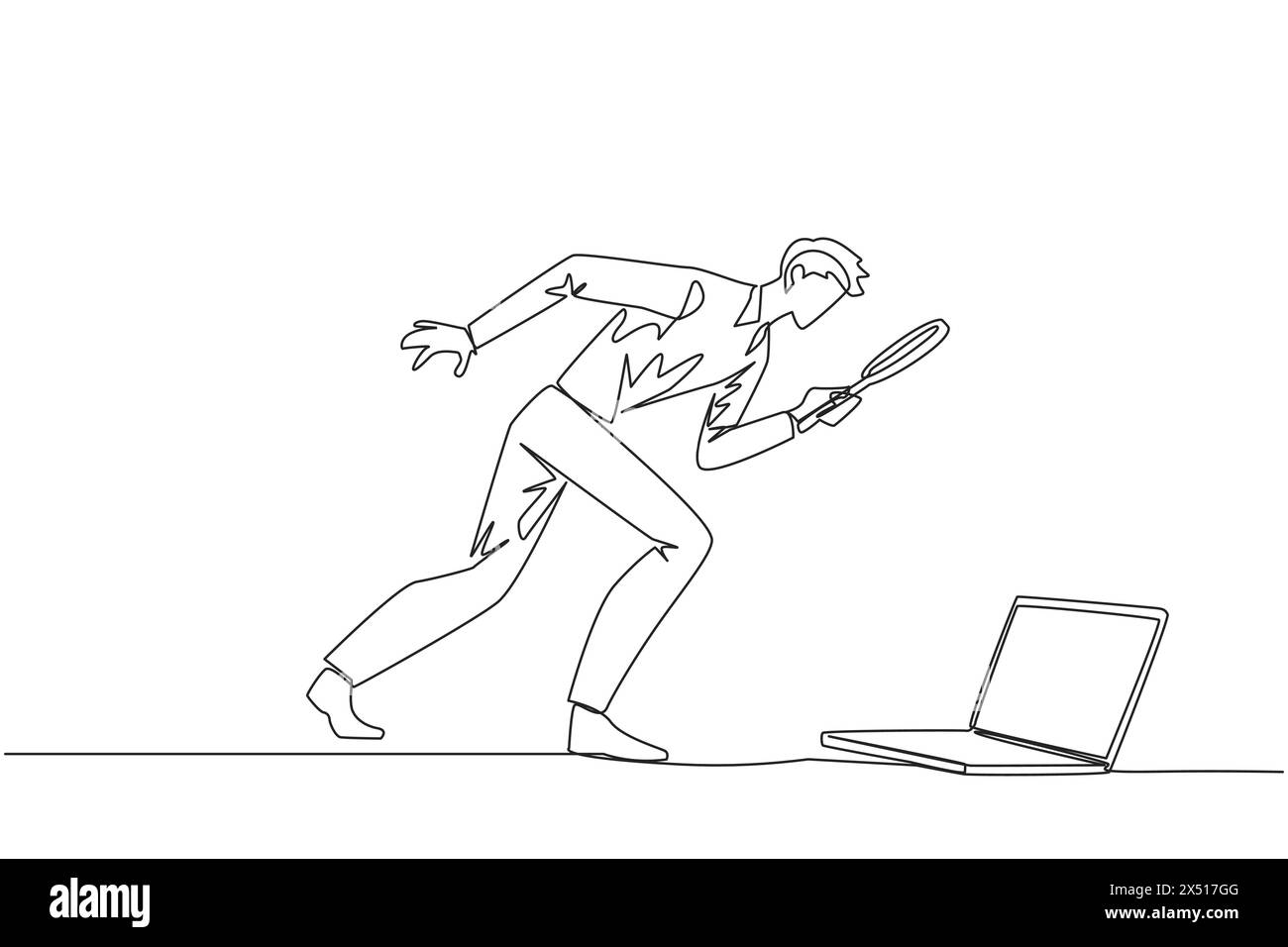 Simple homme d'affaires dessinant une ligne tenant une loupe regardant l'ordinateur portable. Confus un programmeur face aux bugs dans l'application il m Illustration de Vecteur