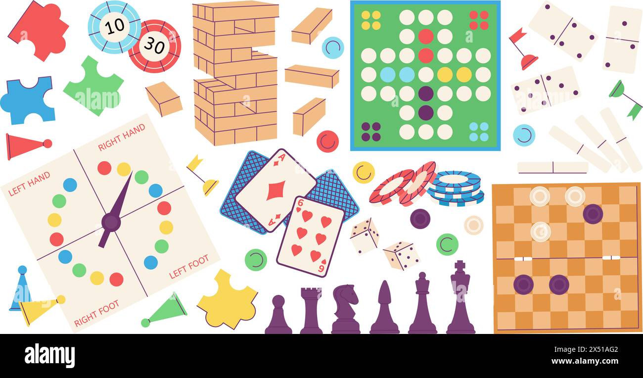 Jeux de société familiaux. Loisirs, réunions amicales ou collection de jeux week-end. Jeu de cartes, cubes et domino, mahjong, éléments décents de dessin animé vectoriel Illustration de Vecteur