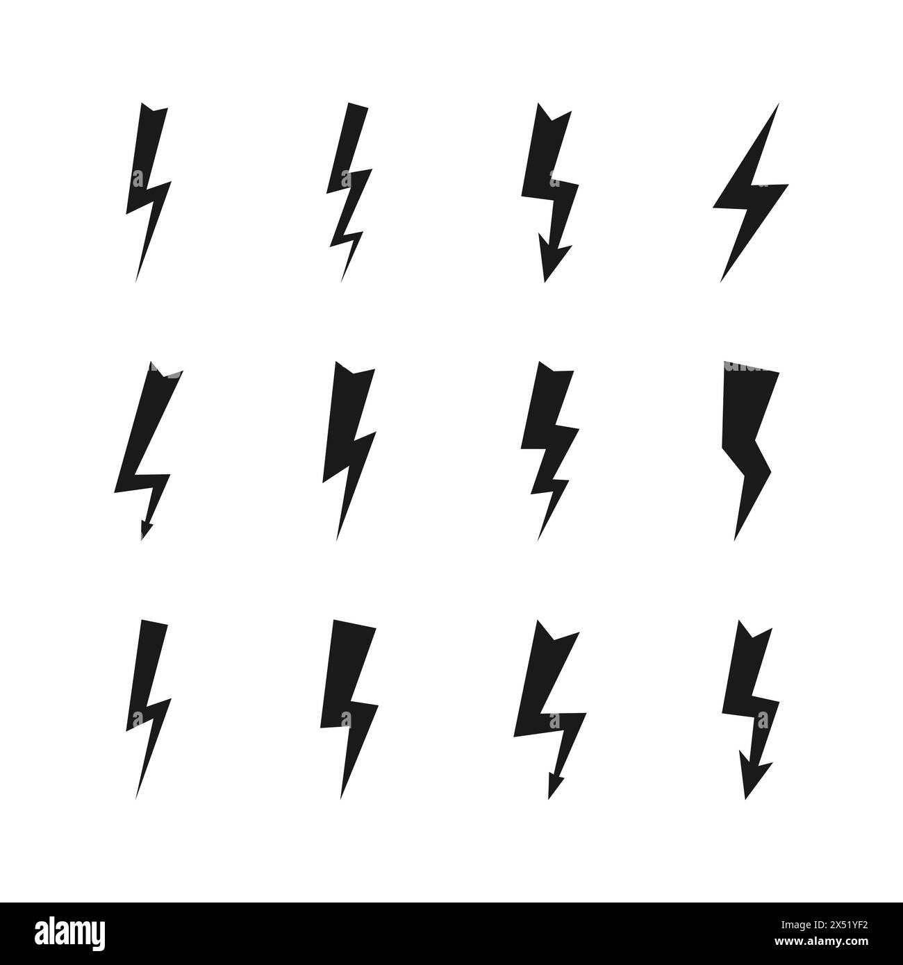 Ensemble de douze orages sombres. Icônes noires Thunderbolt et haute tension sur fond blanc. Illustration vectorielle. Illustration de Vecteur