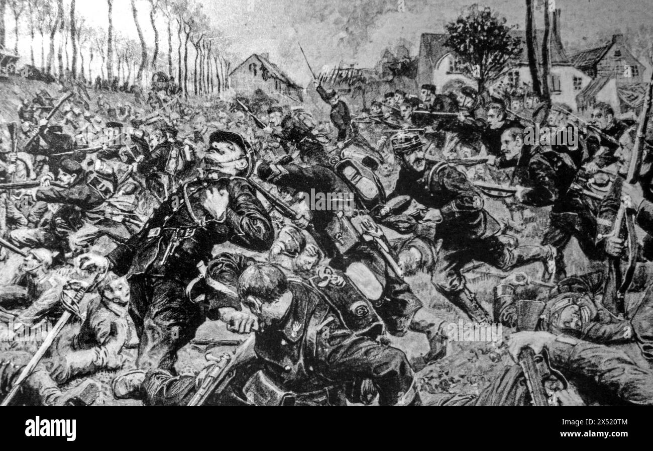 Première charge des Grenadiers et mort du major Henri d'Oultremont à Tervaete lors de la bataille de Beerst-Blote en 1914, Flandre occidentale, Belgique Banque D'Images