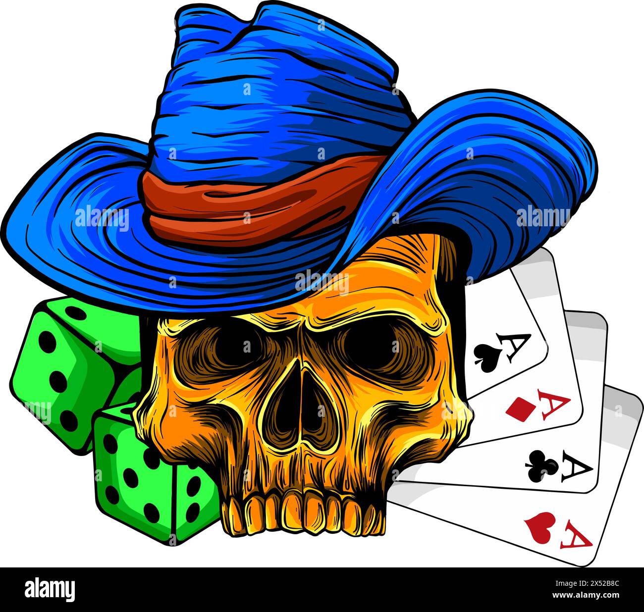 illustration vectorielle du crâne de cow-boy avec as et dés de poker Illustration de Vecteur