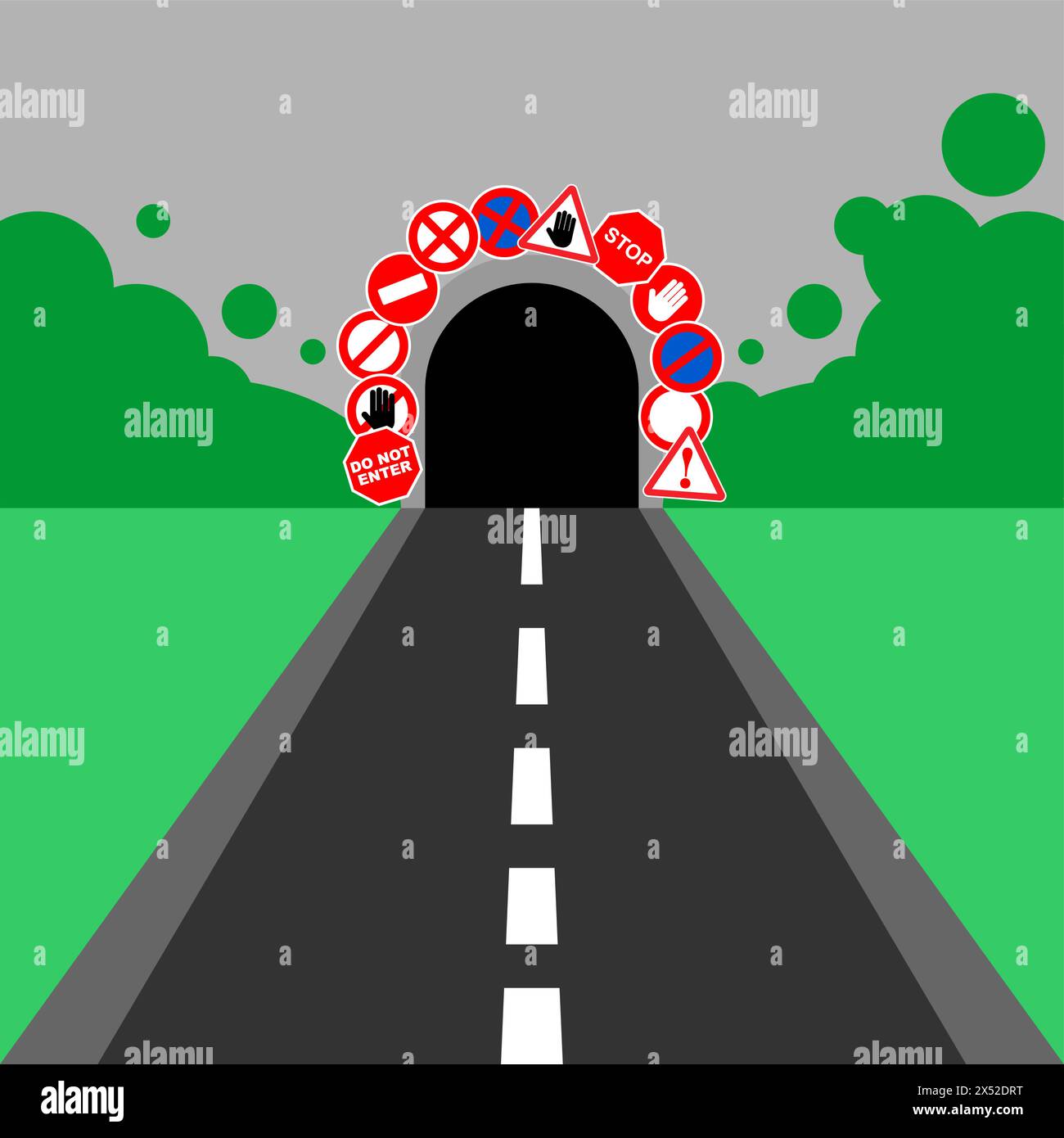 Tunnel dangereux avec panneaux d'interdiction. Signes d'attention et de danger. Il est interdit d'entrer dans le tunnel. Illustration de Vecteur