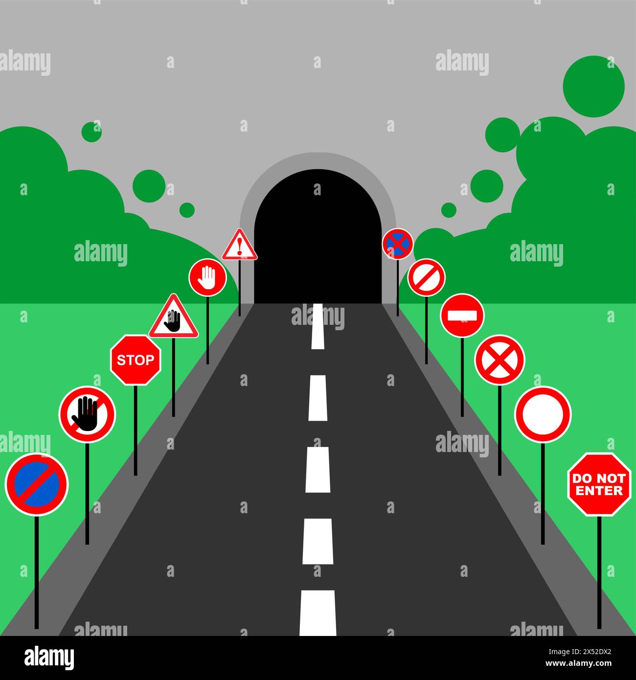 Tunnel dangereux avec panneaux d'interdiction. Signes d'attention et de danger. Il est interdit d'entrer dans le tunnel. Illustration de Vecteur