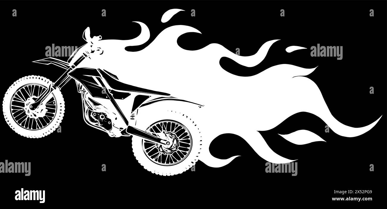 Silhouette blanche de Motocross Mid Air Flames illustration vectorielle sur fond noir Illustration de Vecteur