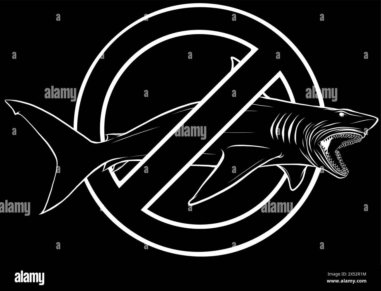 silhouette blanche d'un requin gris avec signe d'interdiction sur illustration vectorielle de fond noir Illustration de Vecteur