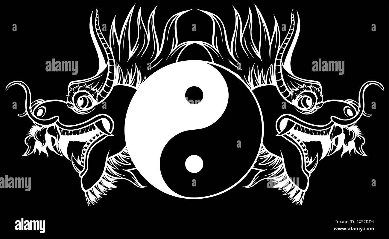 Silhouette blanche de Yin Yang et tête de dragon chinois sur illustration vectorielle de fond noir Illustration de Vecteur