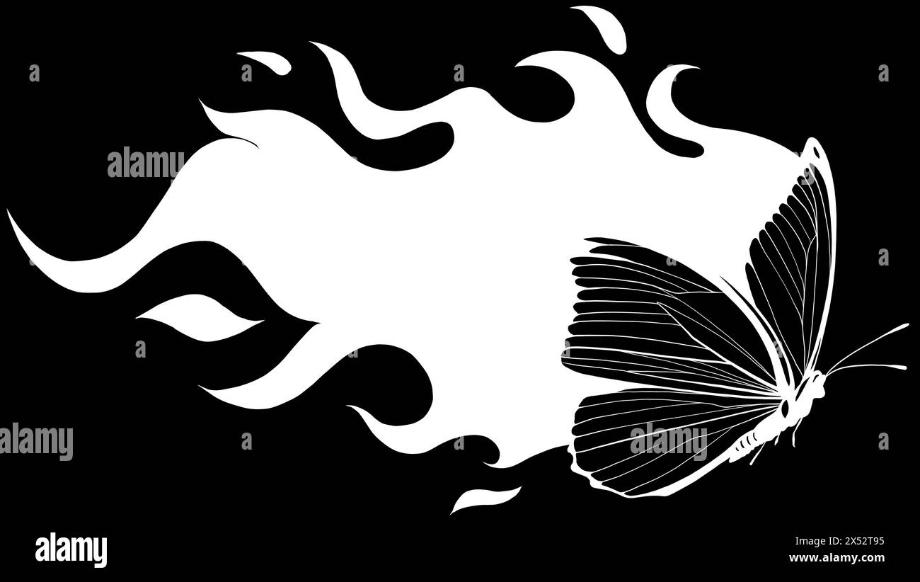 silhouette blanche de papillon faite de feu sur fond noir Illustration de Vecteur