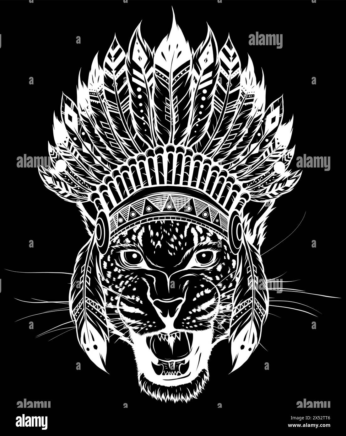 silhouette blanche de tête léopard bohème chic. numérique sur fond noir Illustration de Vecteur