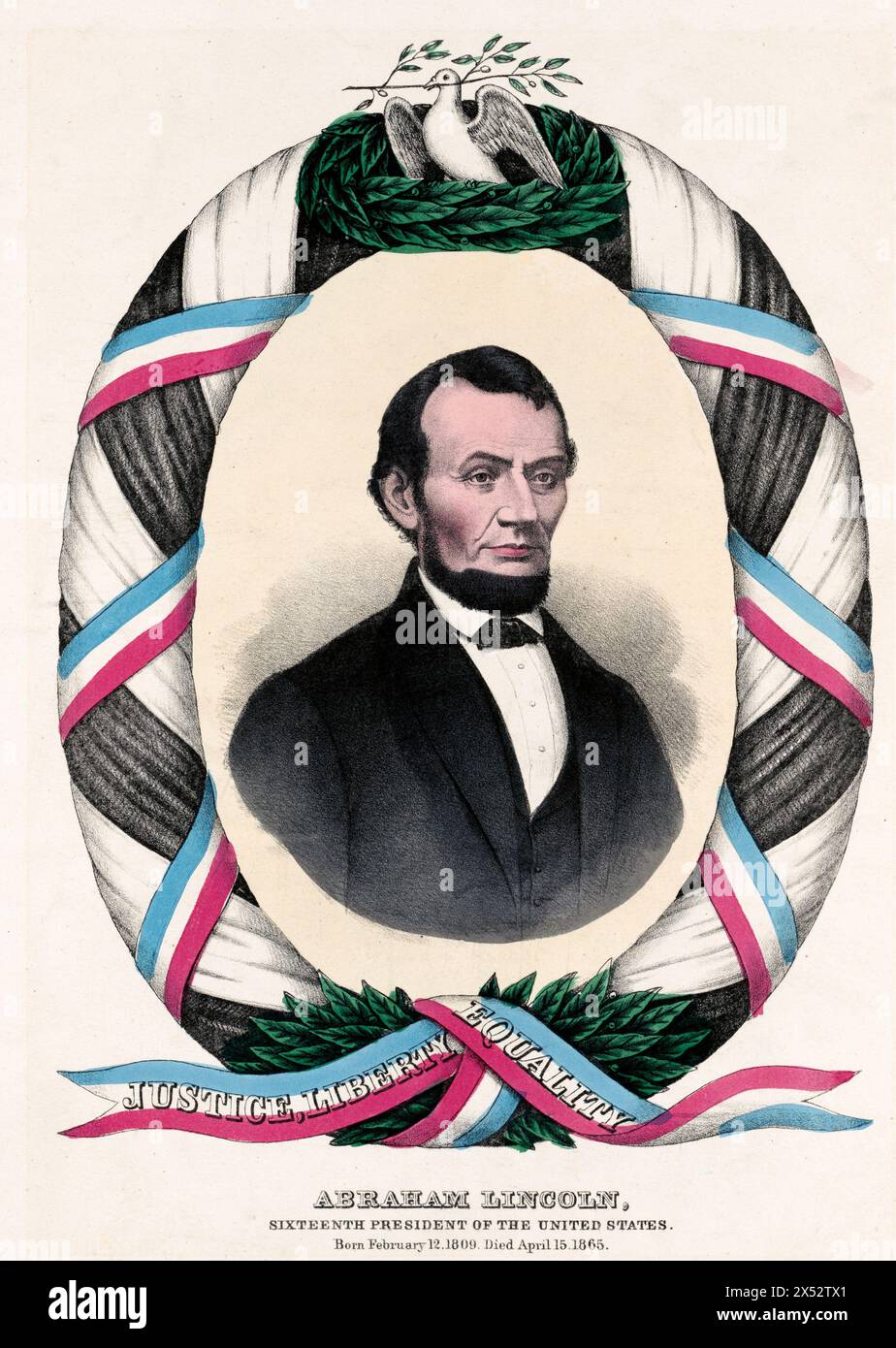 Abraham Lincoln, seizième président des États-Unis. Né le 12 février 1809. Décédé le 15 avril 1865 - L'estampe mémorial montre un portrait de buste d'Abraham Lincoln entouré d'une guirlande recouverte d'un ruban rouge, blanc et bleu inscrit Justice, liberté, égalité. Une colombe avec un rameau d'olivier dans son bec se trouve dans un nid de laurier au sommet de la guirlande Banque D'Images