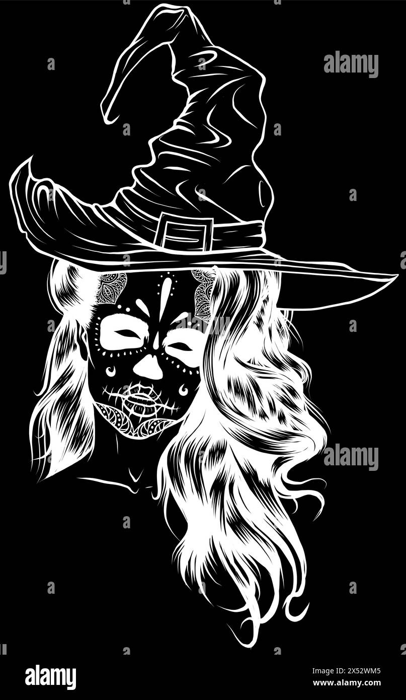 silhouette blanche de belle sorcière dans un chapeau classique et les cheveux sur fond noir Illustration de Vecteur