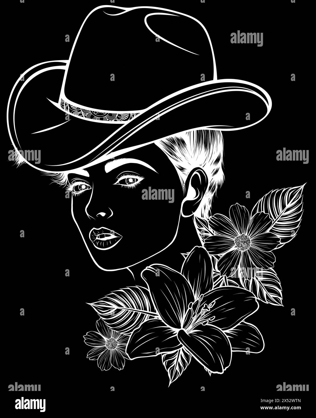silhouette blanche de fille de pays, cowgirl sur fond noir Illustration de Vecteur