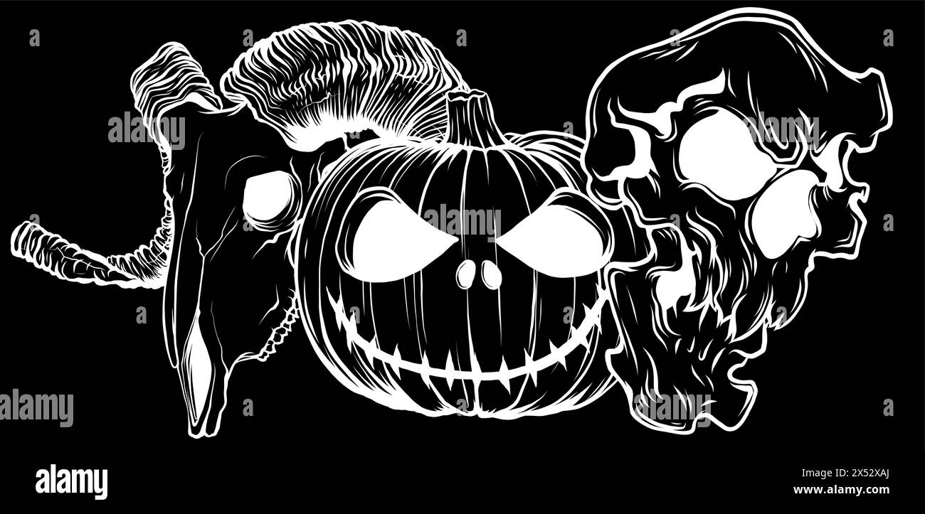 silhouette blanche de citrouilles d'halloween avec bélier et crânes humains sur fond noir Illustration de Vecteur