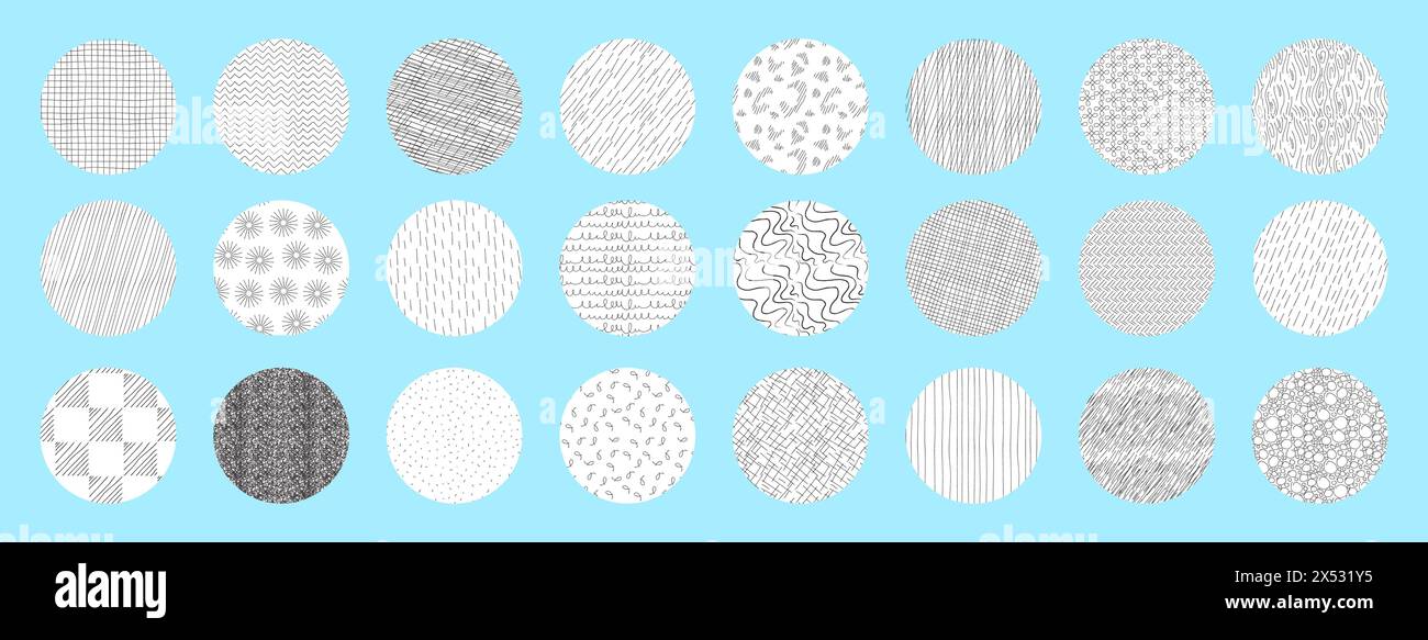 cercles de motifs de hachures définis. Différentes textures faites dans le style crayon dessiné à la main. Illustration de Vecteur
