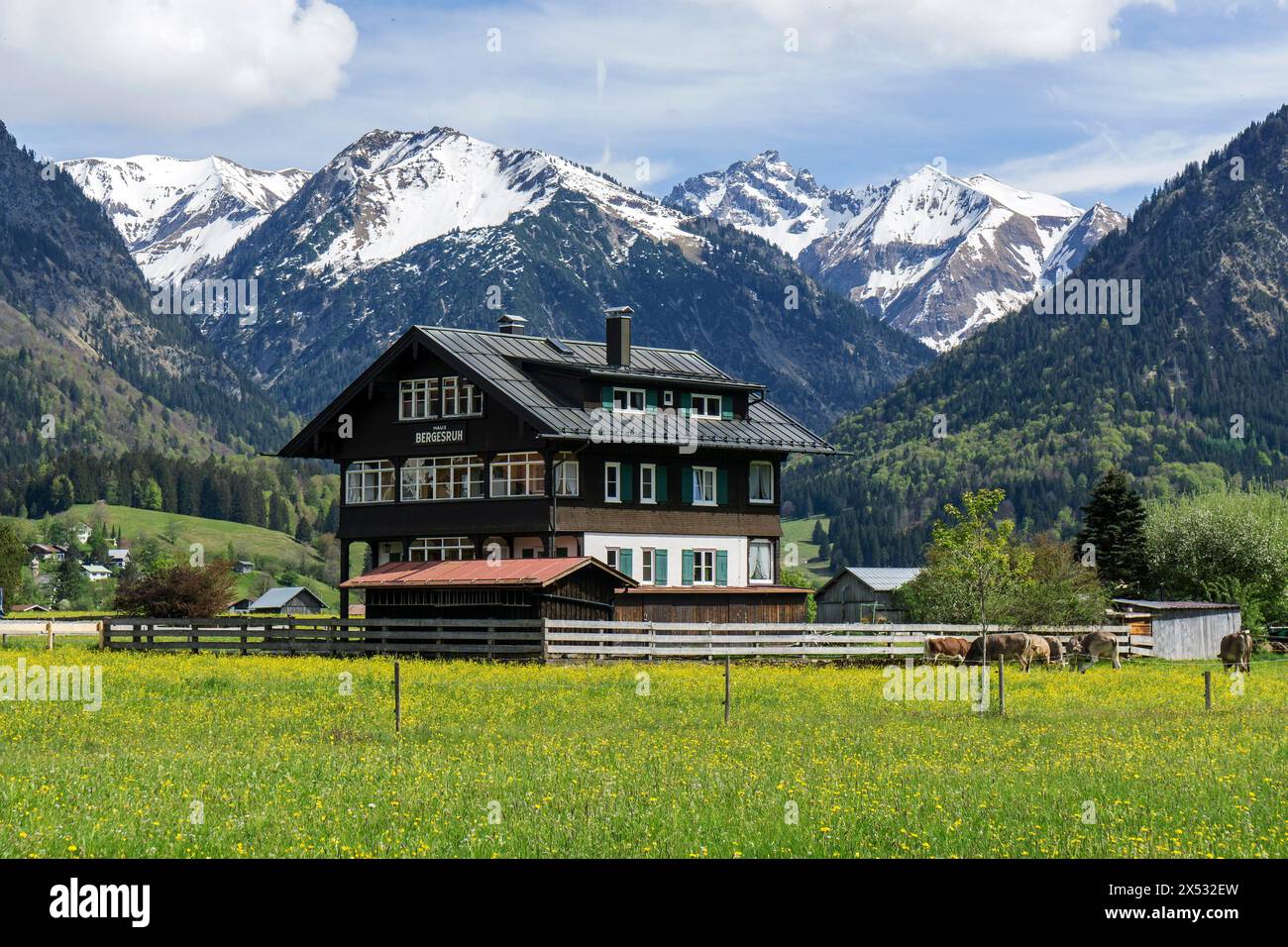 Haus Bergesruh, derrière les montagnes des Alpes Allgaeu, Oberstdorf, Oberallgaeu, Allgaeu, Bavière, Allemagne Banque D'Images