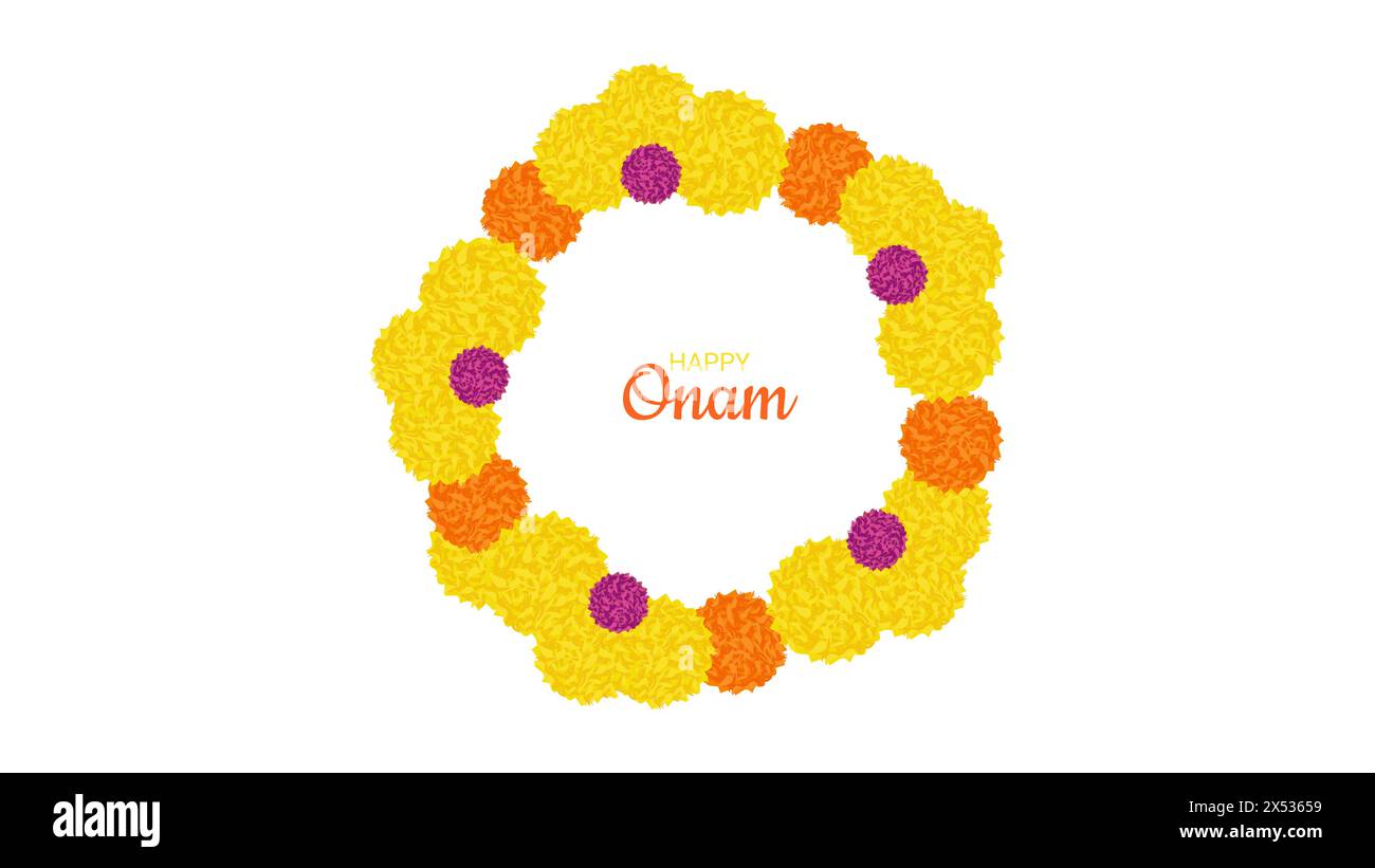 Onam Indian Festival Kerala State. Couronne de fleurs. Motifs floraux. Joyeuses vacances à Onam. Conception de bannière d'affiche. Illustration vectorielle. Illustration de Vecteur