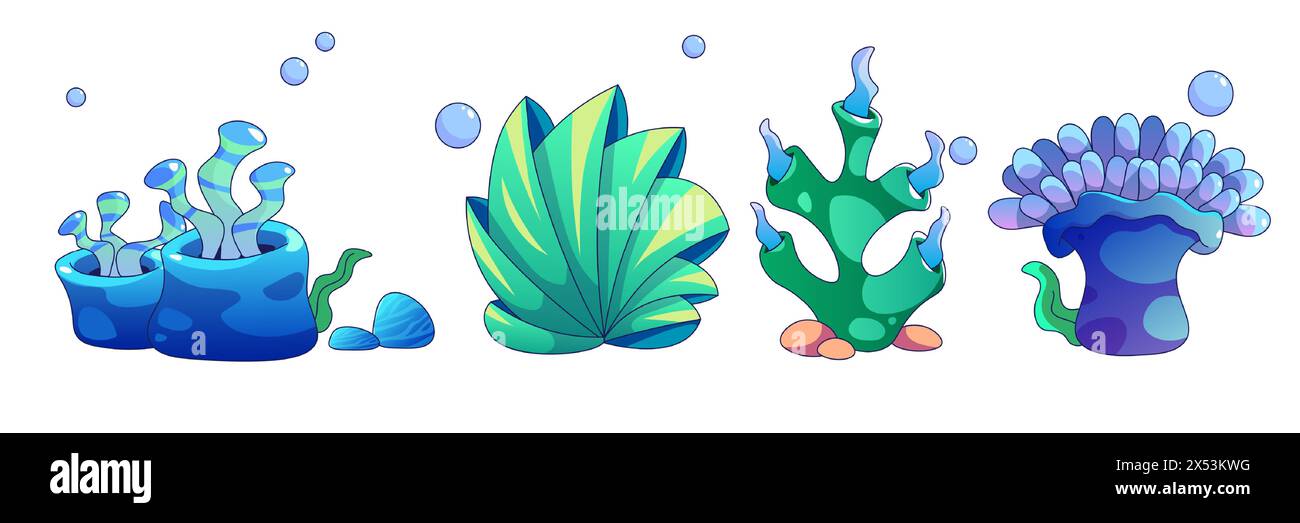 Algues et corail avec bulles mignonne illustration vectorielle de dessin animé pour la création de fond de mer ou d'océan et d'aquarium. Plantes et créatures sous-marines profondes tropicales. collection de flore marine aquatique. Illustration de Vecteur