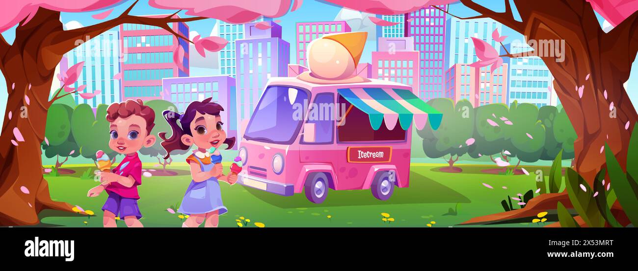 Les enfants mangent de la crème glacée dans un cornet de gaufre. Illustration vectorielle de dessin animé du paysage de parc de ville d'été ou de printemps avec camion de nourriture et garçon et fille heureux enfant avec dessert froid sous des arbres à fleurs roses. Illustration de Vecteur