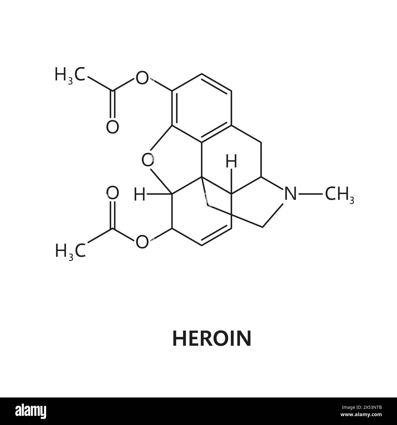 Molécule médicamenteuse d'héroïne, formule et structure chimique du narcotique opioïde, modèle vectoriel. Héroïne ou diacétylmorphine, drogue synthétique, stimulant interdit et substance psychoactive structure moléculaire Illustration de Vecteur