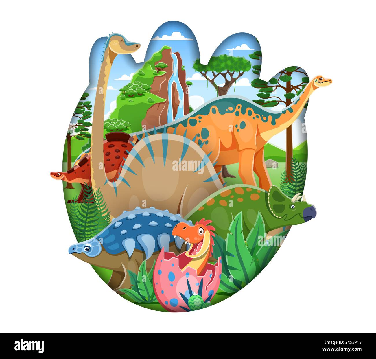 Empreinte de dinosaure coupé en papier avec des personnages de dinosaure dans la forêt tropicale. Dessin animé tricératops mignon, stégosaure et bébé dinosaure dans l'oeuf, brontosaure drôle et brachiosaurus, paysage de la nature préhistorique Illustration de Vecteur