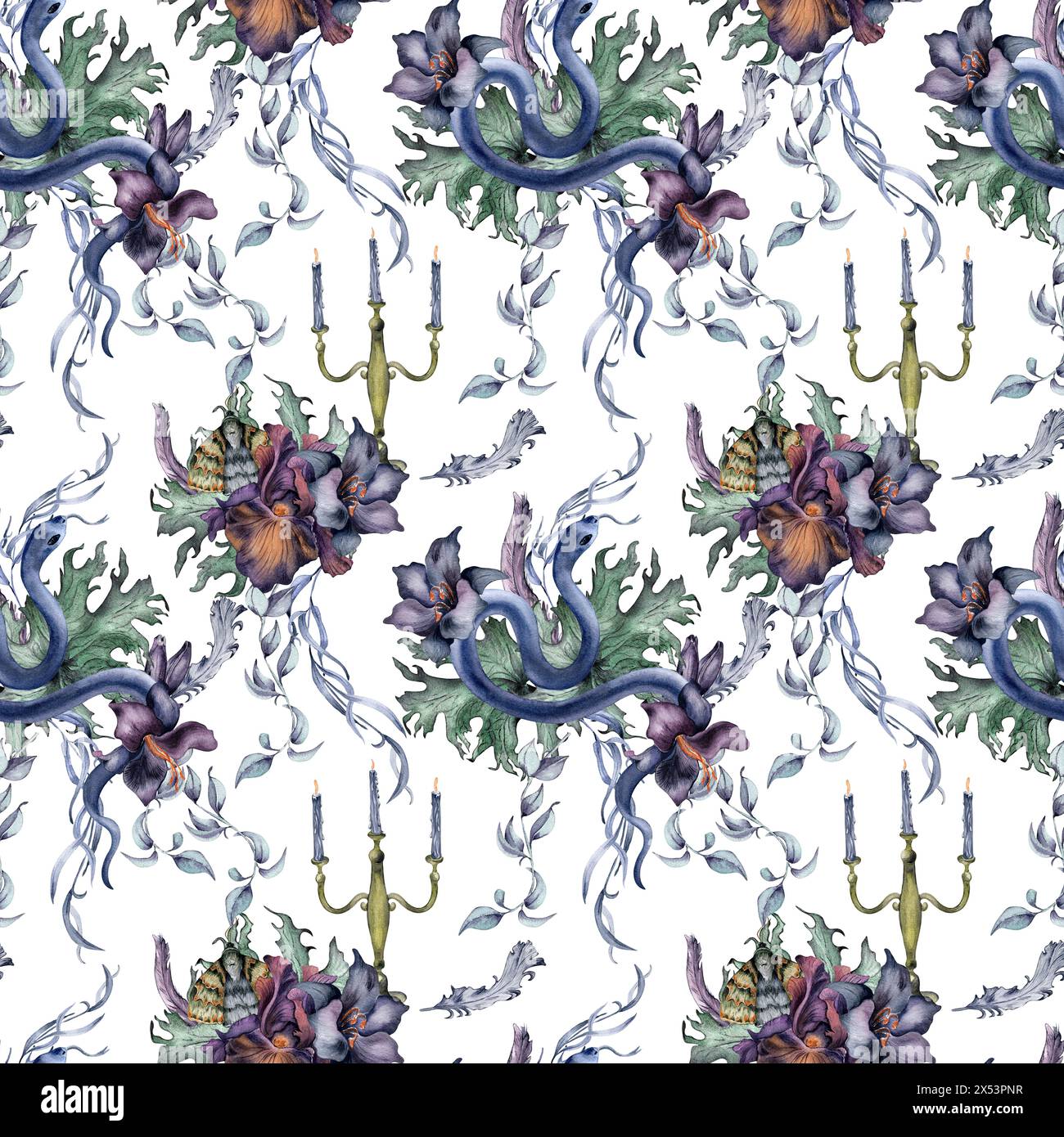 Motif floral gothique sans couture avec serpent isolé sur blanc. Fleur d'iris violet et aquarelle de lis noir. Décoration d'art botanique pour mariage noir, Banque D'Images