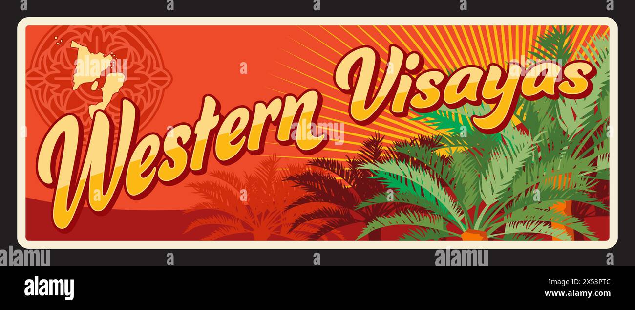 Visayas occidentales, région de Kanlurang Kabisayaan aux Philippines. Plaque de voyage de vecteur, signe d'étain vintage, carte postale de bienvenue rétro ou panneau. Carte avec carte, ornements et feuilles de palmier Illustration de Vecteur Visayas occidentales, région de Kanlurang Kabisayaan aux Philippines. Plaque de voyage de vecteur, signe d'étain vintage, carte postale de bienvenue rétro ou panneau. Carte avec carte, ornements et feuilles de palmier Illustration de Vecteur