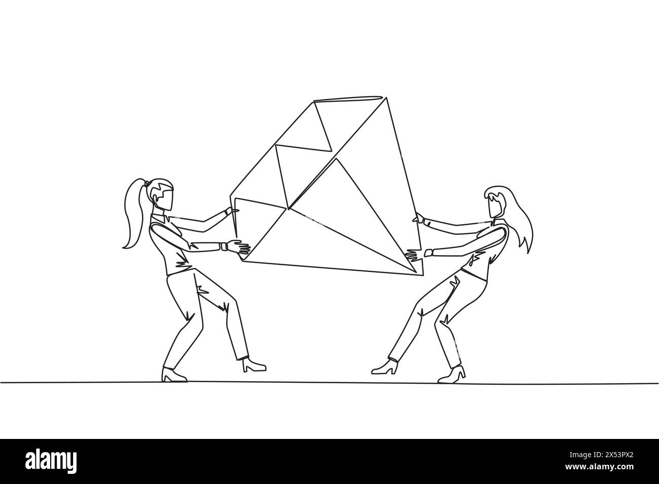 Continue d'une ligne dessinant deux femmes d'affaires égoïstes se battant sur le gros diamant. Luttez pour les mines de diamants qui stimulent les profits pour les entrepreneurs. CON Illustration de Vecteur