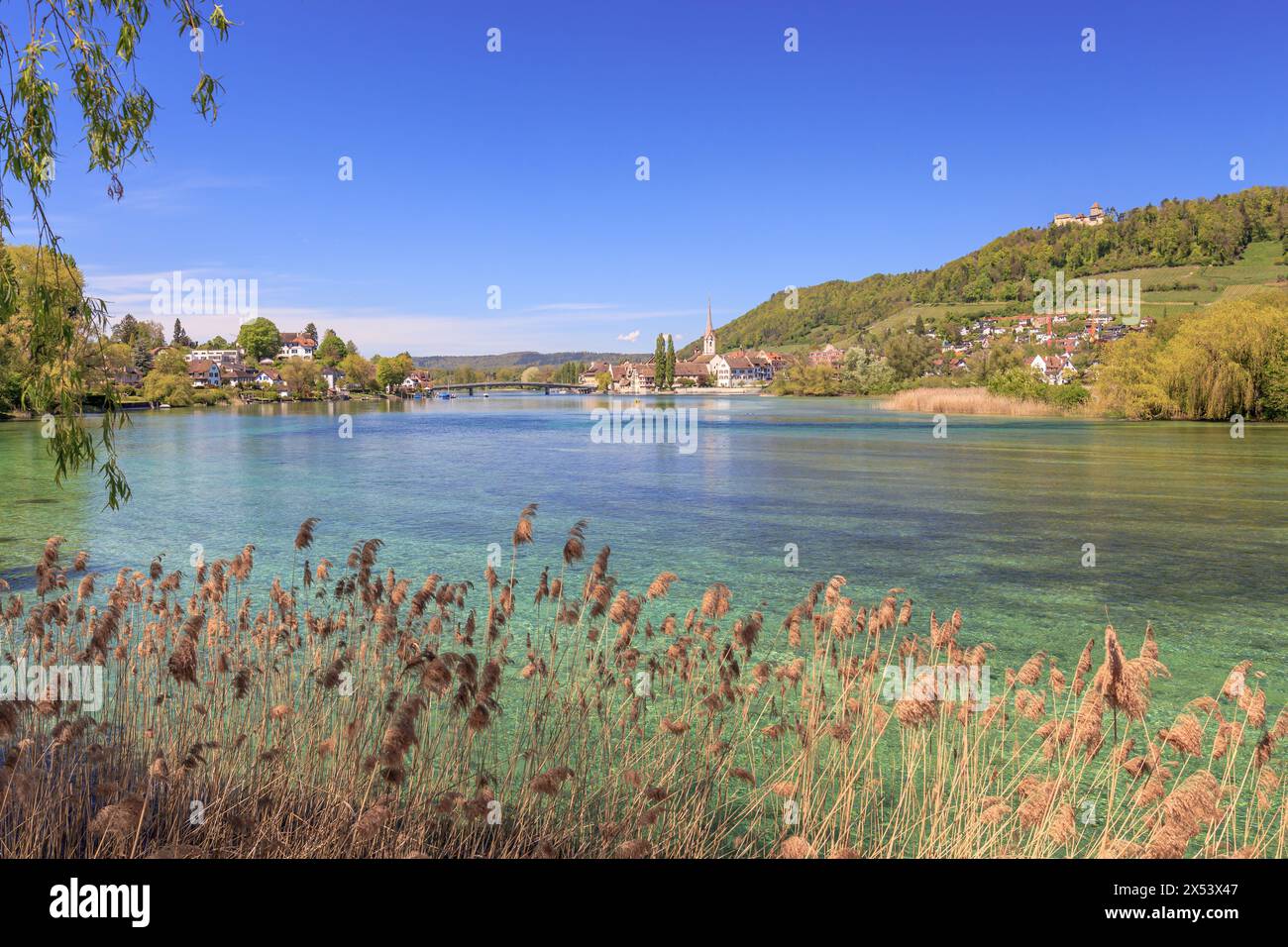 Vue panoramique sur le Rhin jusqu'à la ville suisse Stein am Rhein Banque D'Images