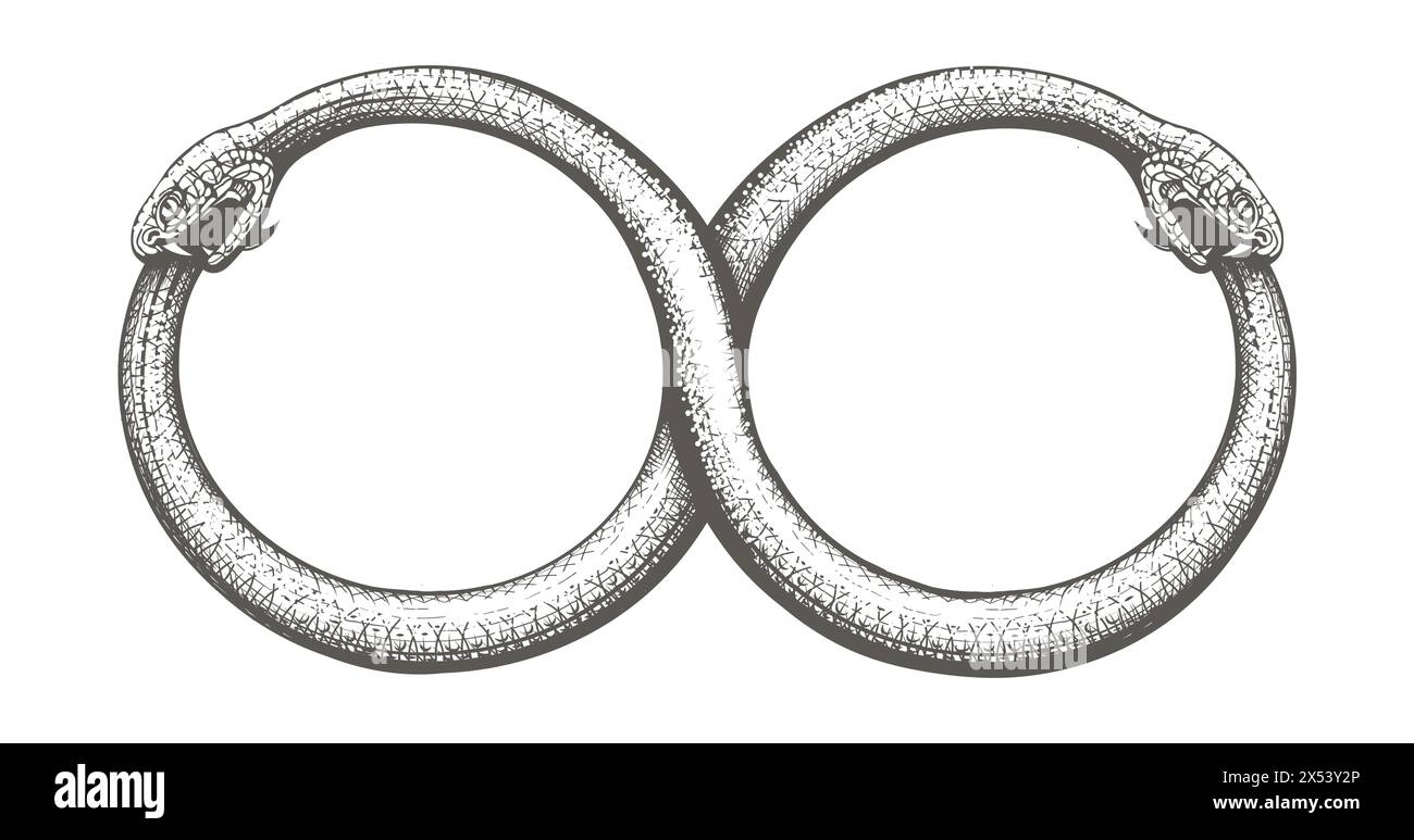 Deux serpents Ouroboros entrelacés dans une figure horizontale huit symbole de tatouage de gravure de l'infini isolé sur blanc. Illustration vectorielle. Pas d'ai softwa Illustration de Vecteur