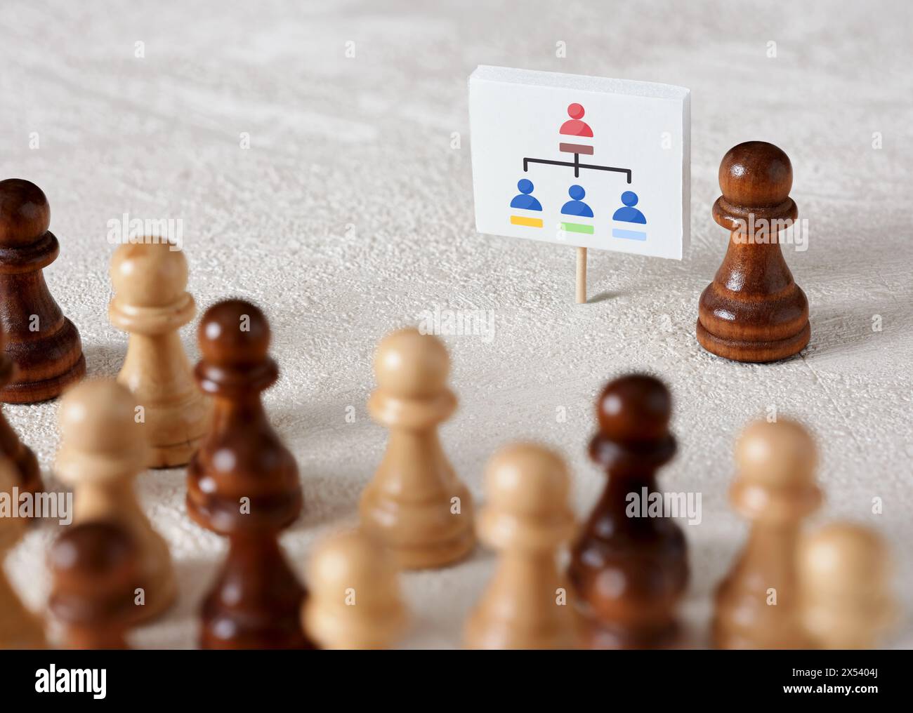 Organigramme hiérarchique des entreprises, bureaucratie et gestion des ressources humaines. Le pion d'échecs annonce l'organigramme lors d'une réunion d'affaires Banque D'Images