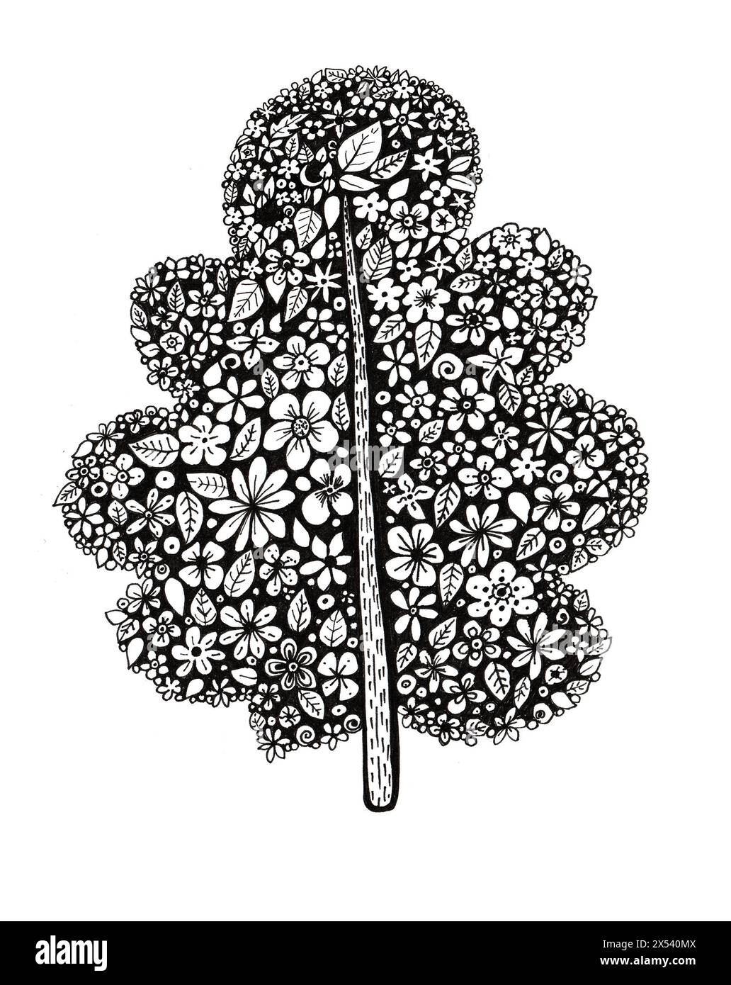 Illustration stylisée d'un arbre noir. Rempli de fleurs et de feuilles blanches. Tronc droit. Fleurs, feuilles de différentes formes et tailles. Doodle. Est Banque D'Images