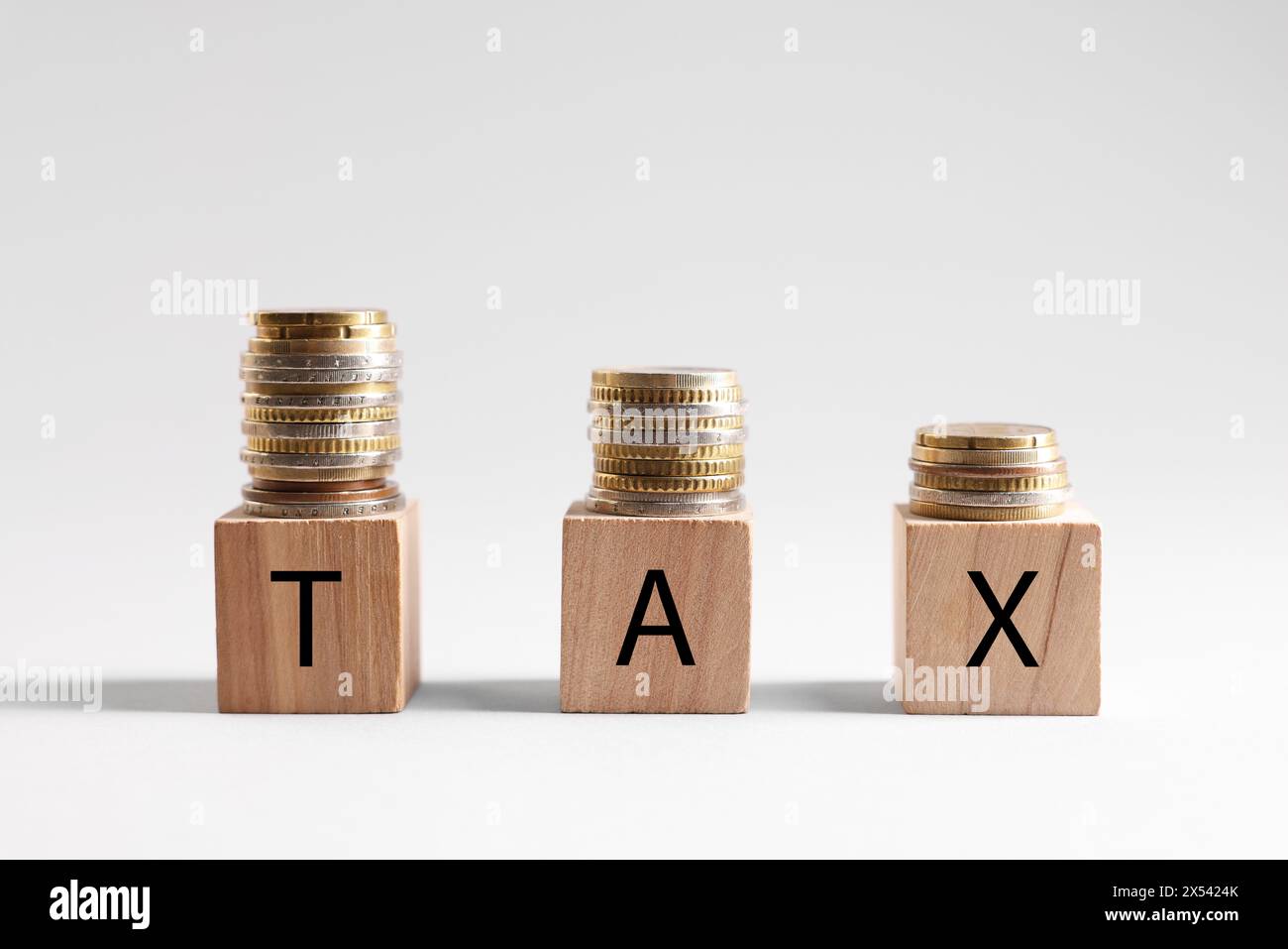 Mot Tax fait de cubes et de pièces de monnaie en bois sur fond blanc Banque D'Images