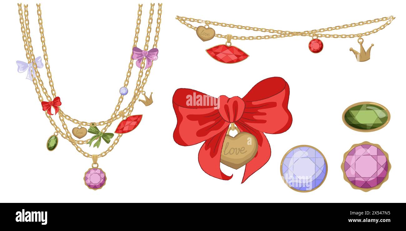 Illustration vectorielle de l'arc vintage girly et du ruban de cadre chaîne dorée et ensemble de bijoux. Rubans isolés. Accessoires tendance coquette filles. Illustration de Vecteur