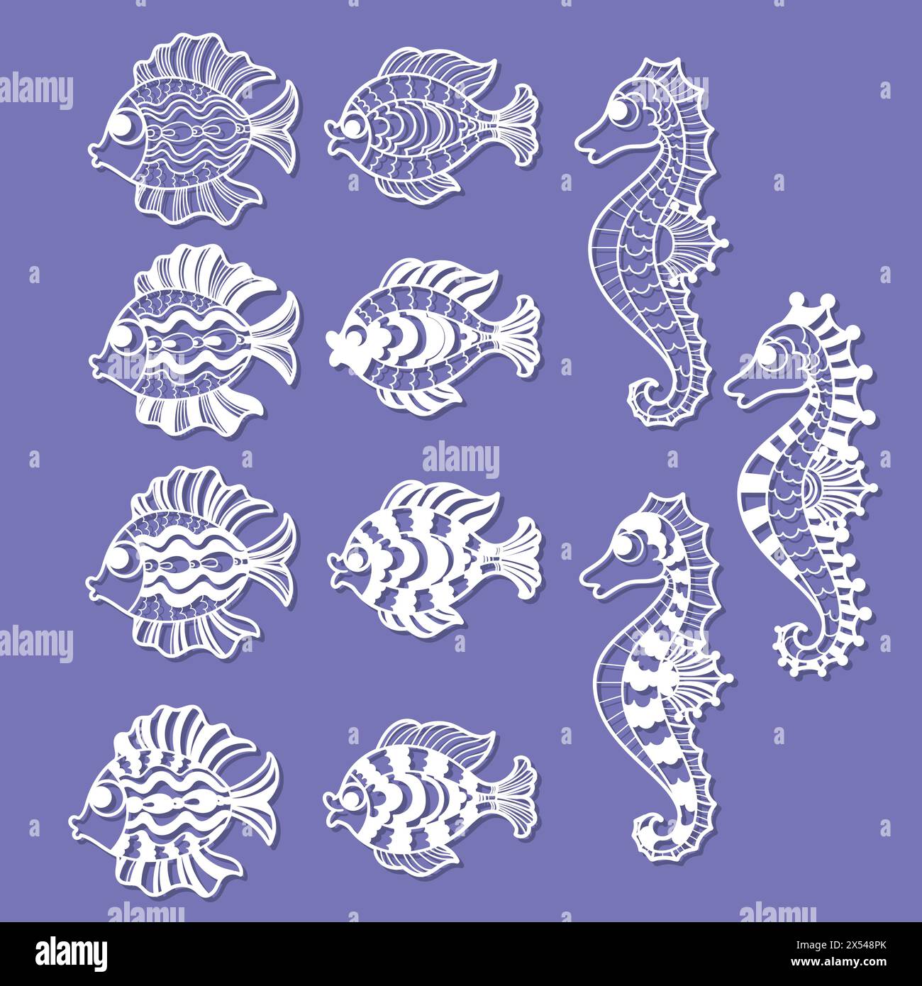 Hippocampes et poissons stylisés. Un ensemble de gabarits pour la découpe laser à partir de papier, carton, bois, métal. Pour la conception de décorations intérieures, cartes, s. Illustration de Vecteur