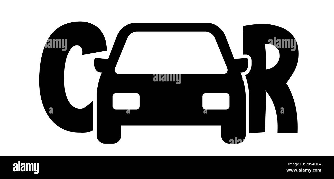 Dessin animé, slogan voiture ou auto. Icône ou pictogramme automobile ou automobile. Panneau de signalisation ou symbole vectoriel plat. Logo vue avant. Voiture de style automobile, transport Banque D'Images