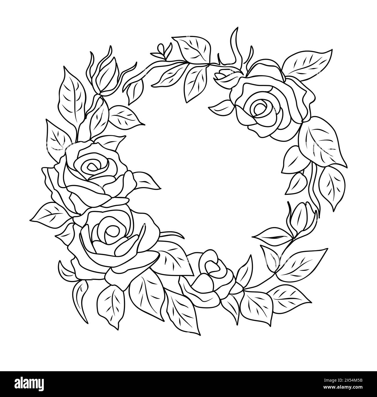 Couronne dessinée à la main avec des fleurs roses ligne art Illustration de Vecteur