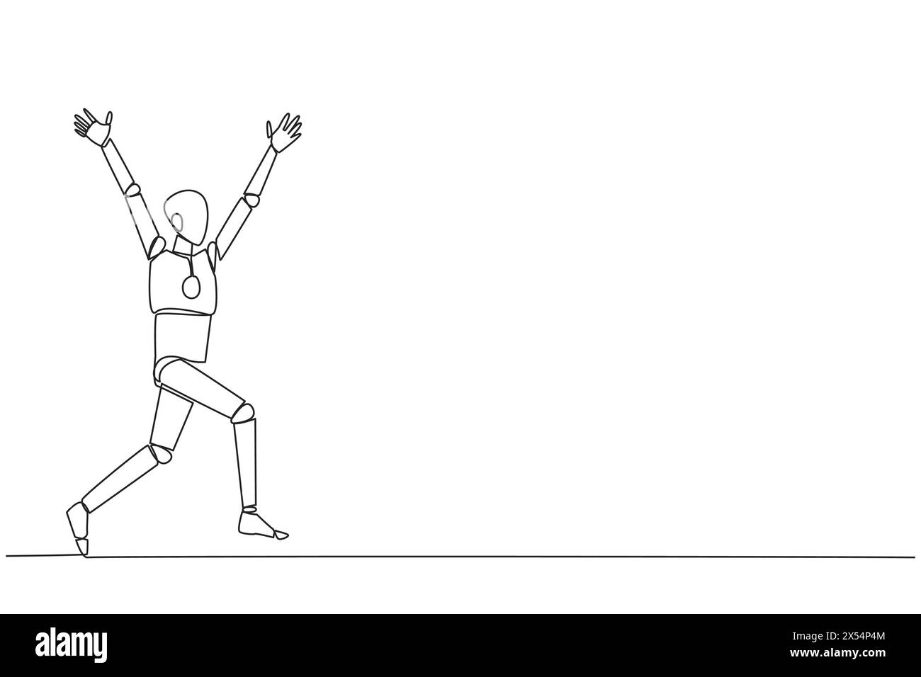 Robot de dessin d'une ligne unique en cours d'exécution pour célébrer le succès de l'entreprise. Comme un joueur de football qui marque des buts, faire célèbre. Réussite. Technologie IA Illustration de Vecteur