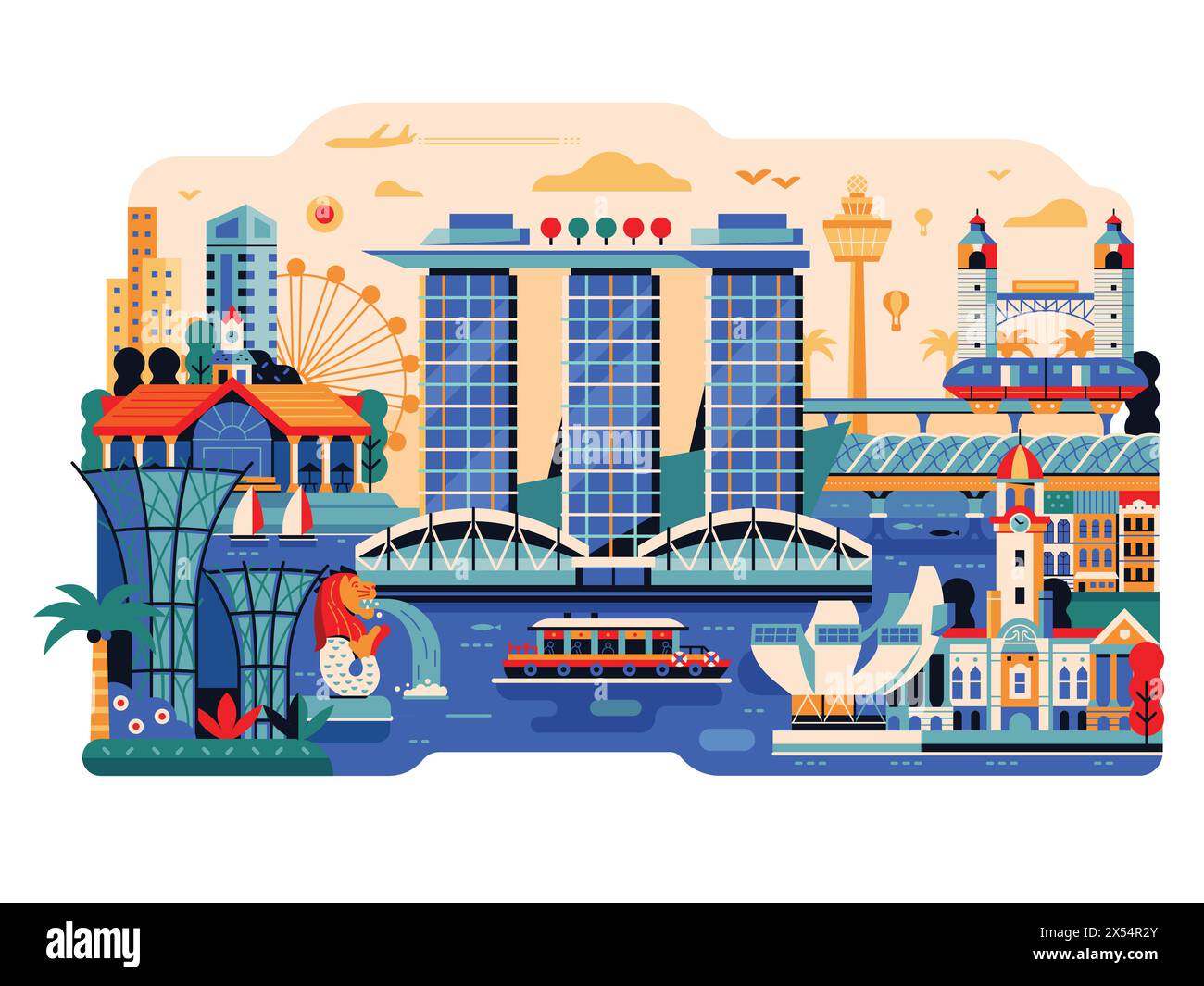 Voyagez à Singapour avec les sites touristiques Illustration de Vecteur