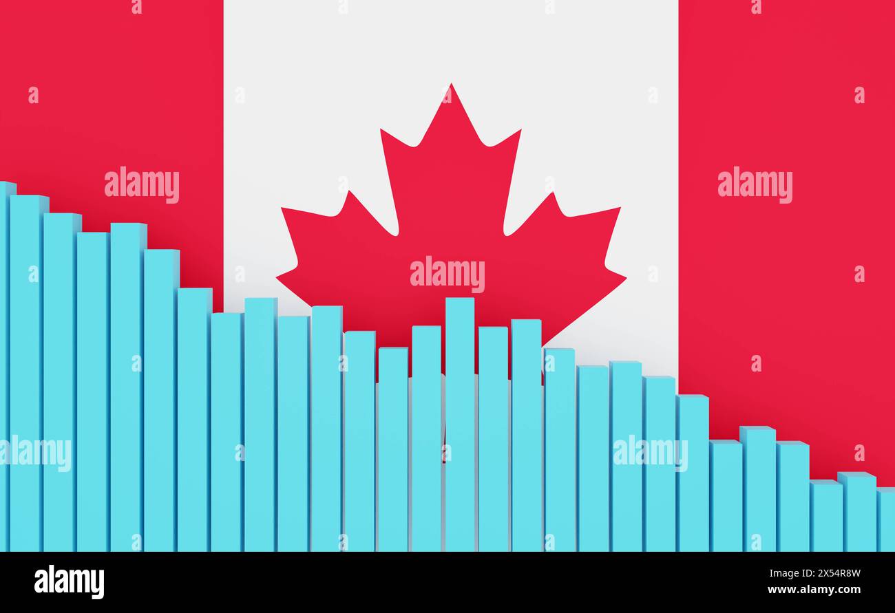 Canada, graphique à barres vers le bas, récession. Canada, graphique à barres de naufrage avec drapeau canadien. Économie en déclin, récession. Évolution négative du PIB, de l'emploi, de la productivité, des prix de l'immobilier, de la vente au détail ou de la baisse de la production industrielle. business096s canada bar graph down Banque D'Images