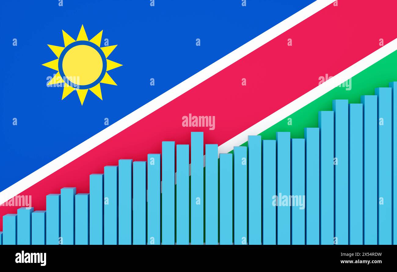 Namibie, graphique à barres vers le haut, croissance. Namibie, graphique à barres montantes avec drapeau namibien. Économie émergente, croissance. Évolution positive du PIB, de l'emploi, de la productivité, des prix de l'immobilier, de la vente au détail ou de la production industrielle en hausse. business096s namibia bar graph up Banque D'Images