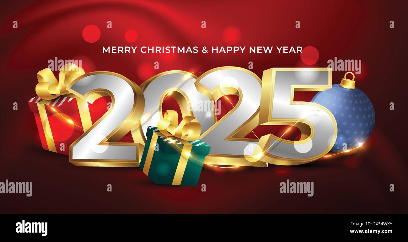Joyeux noël et bonne année 2025 fond de concept avec nombre d'or et éléments de noël Illustration de Vecteur