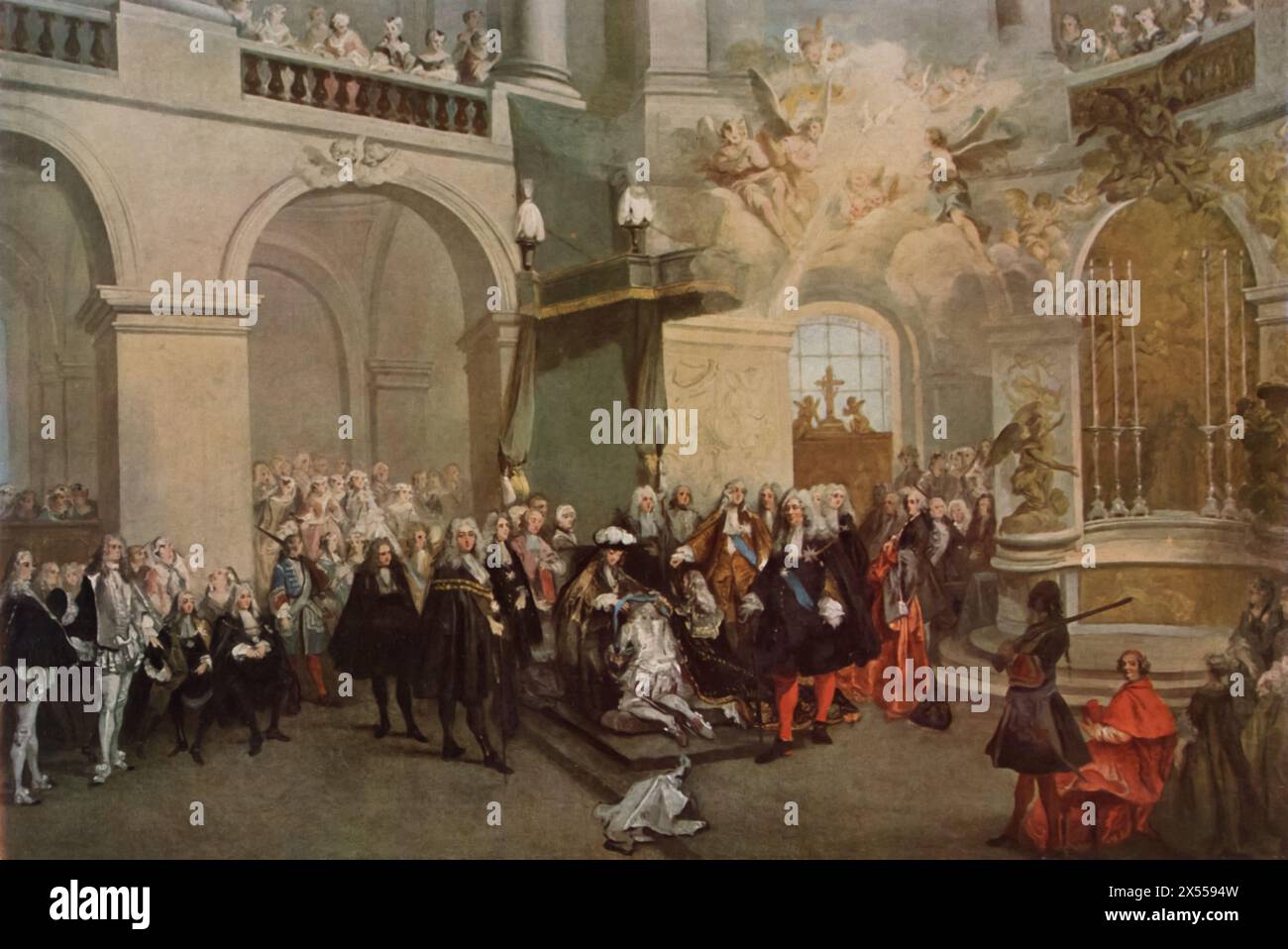 La réception de l'ordre du Saint-esprit par Nicolas Lancret, peinte en 1724, conservée au Musée du Louvre, Paris, France. Ce tableau capture un événement cérémoniel où sont reçus des membres de l’ordre du Saint-esprit, prestigieux ordre de chevalerie en France. Banque D'Images