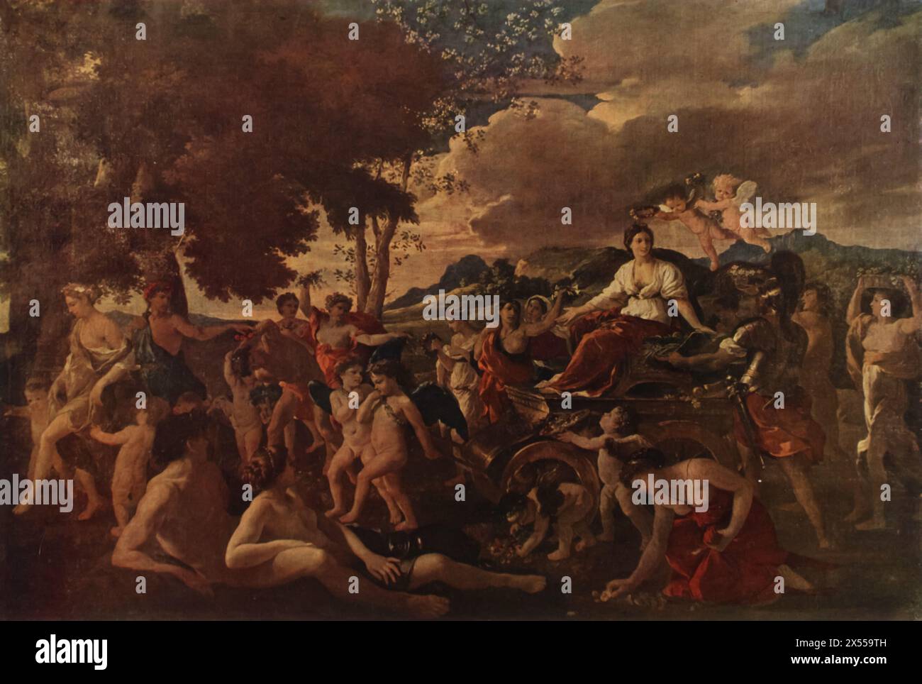 Le triomphe de la flore de Nicolas Poussin, peint vers 1630, conservé au Musée du Louvre, Paris, France. Poussin, l'une des figures les plus marquantes du baroque français classique, représente la déesse romaine Flora, la déesse des fleurs et de la saison du printemps, célébrant sa domination avec une procession de nymphes et d'autres divinités. Banque D'Images