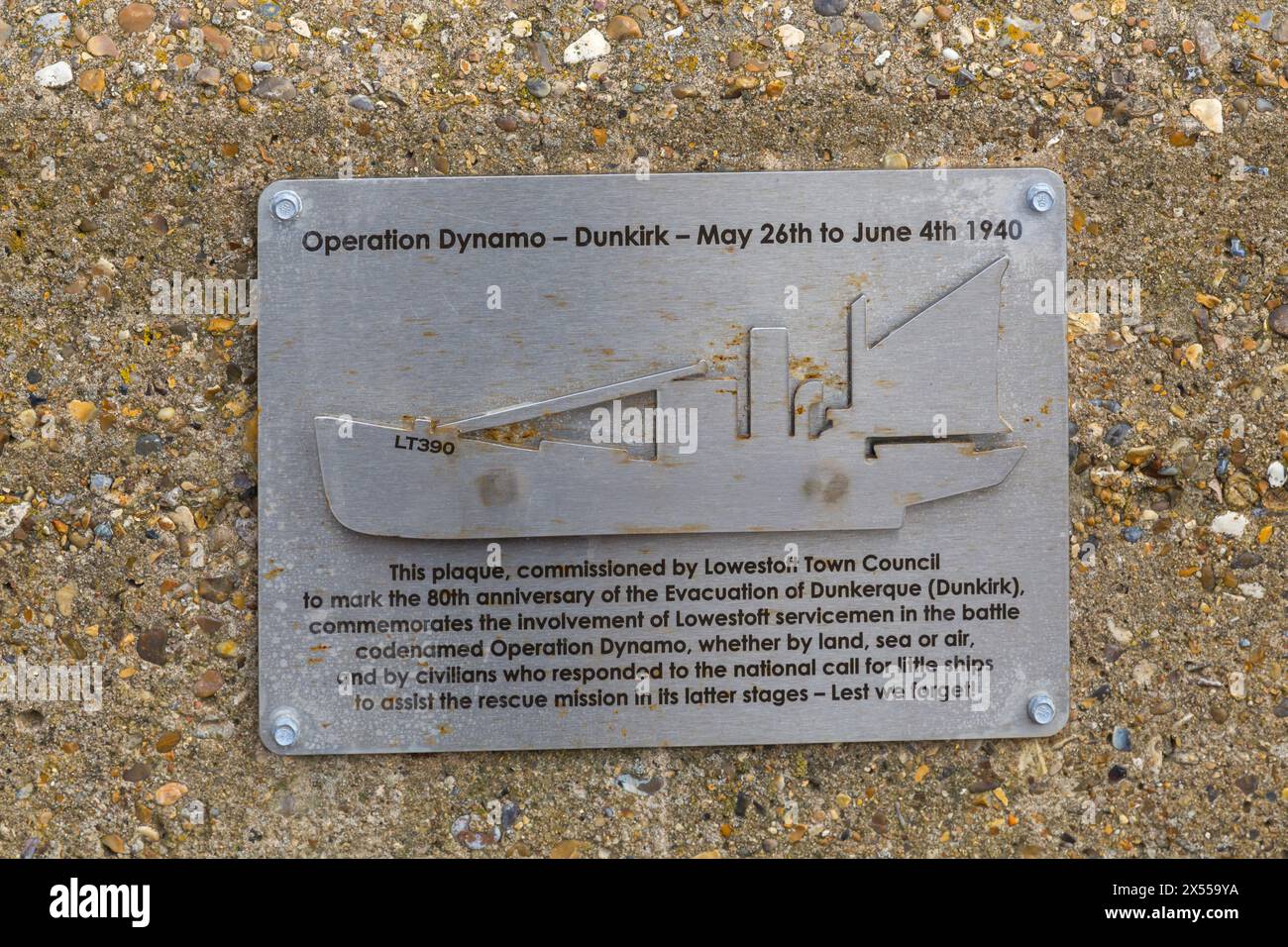 Opération Dynamo - Dunkerque - du 26 mai au 4 juin 1940 plaque à Lowestoft, Suffolk, Royaume-Uni en avril Banque D'Images