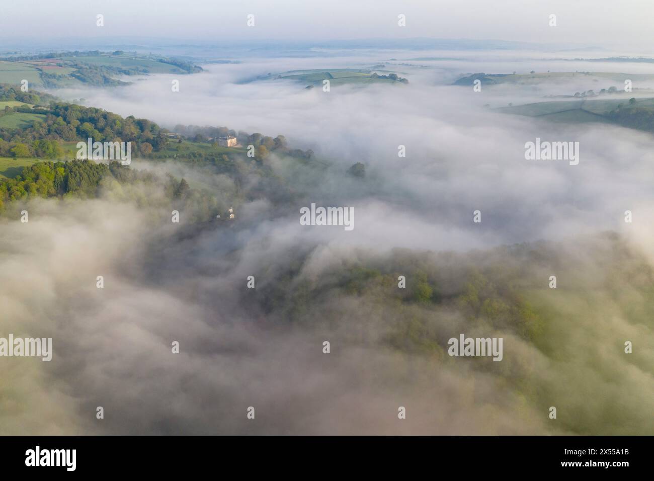 La brume matinale pend au-dessus de la rivière Dart près de Sharpham House, Totnes, South Devon, Angleterre. Printemps (mai) 2023. Banque D'Images