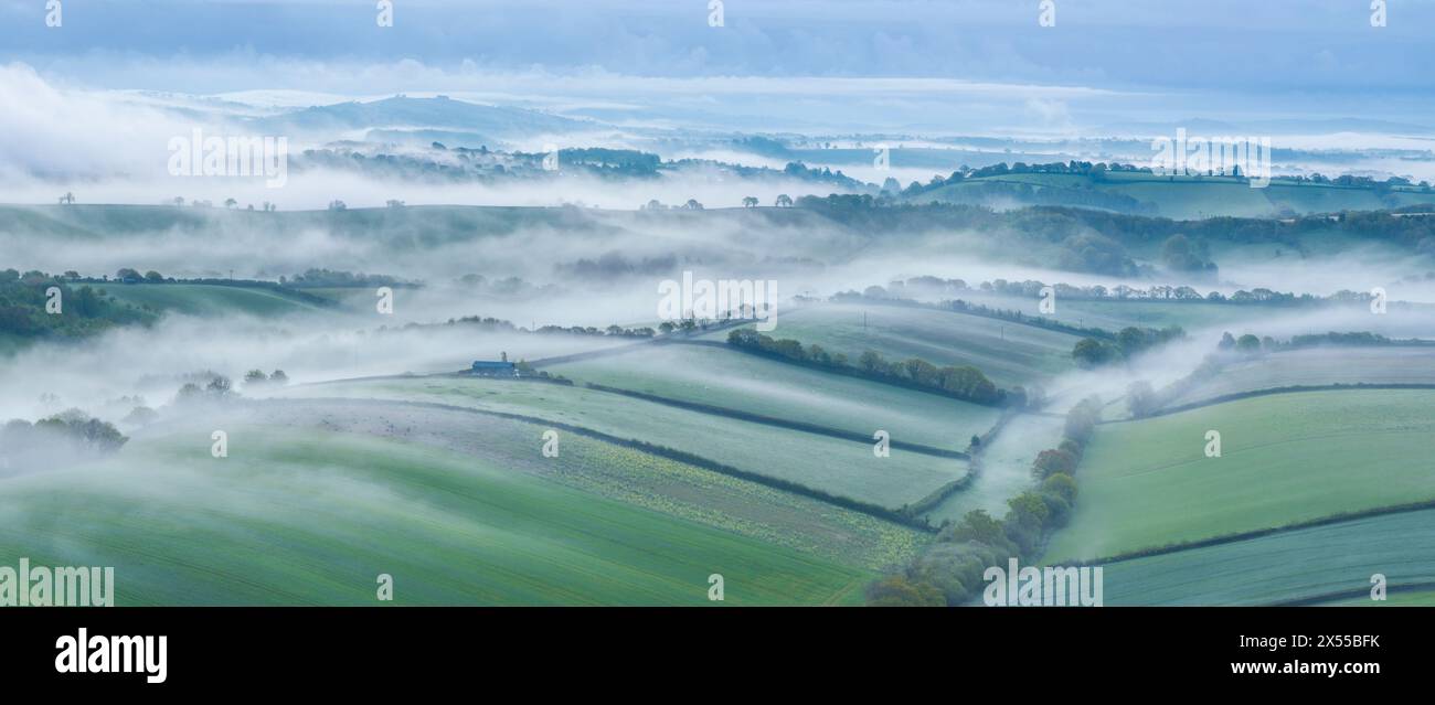 vue panoramique sur la campagne vallonnée du Devonshire à l'aube, Crediton, Devon, Angleterre. Printemps (mai) 2024. Banque D'Images