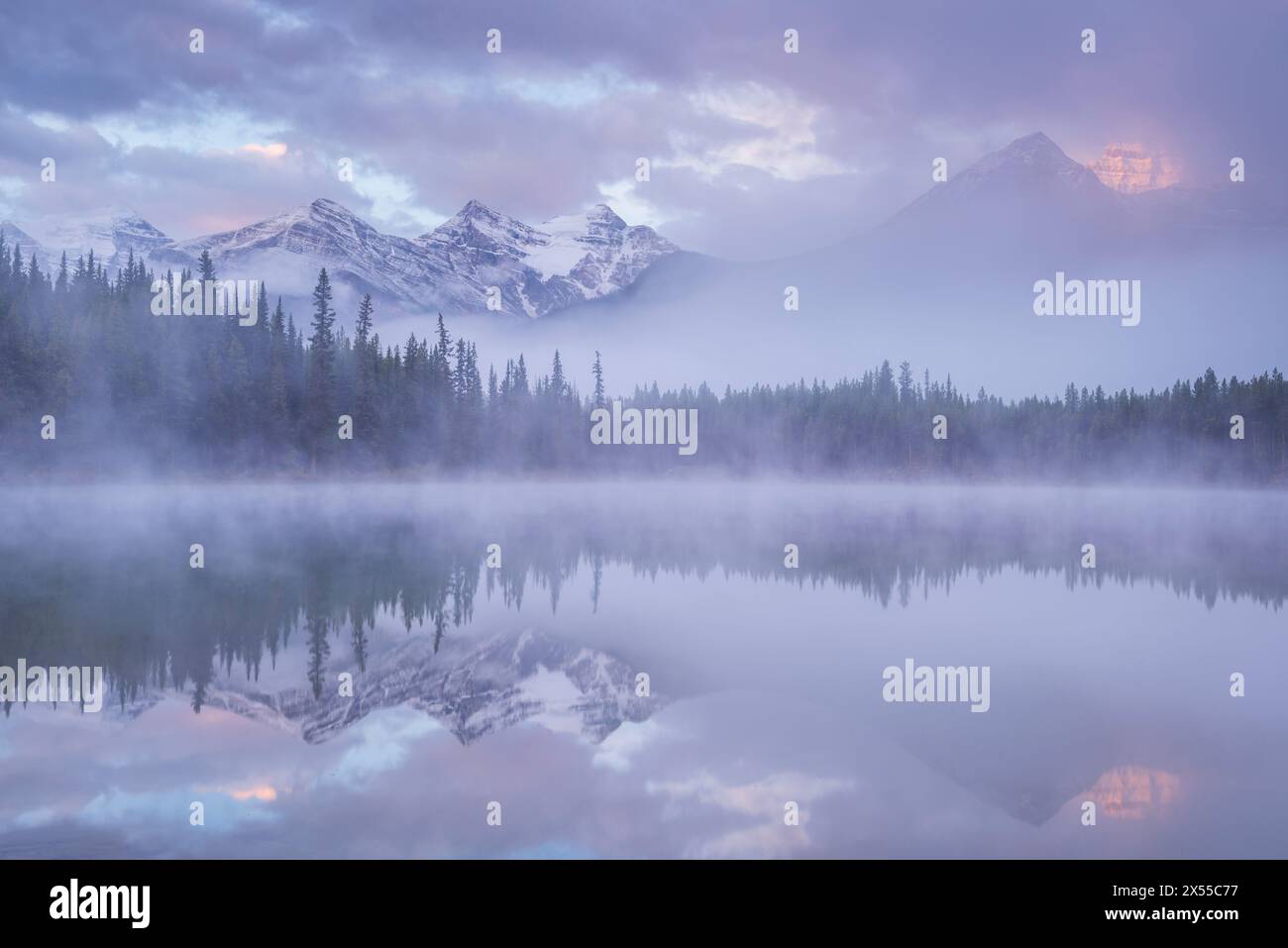 Lever de soleil brumeux au lac Herbert dans les Rocheuses canadiennes, parc national Banff, Alberta, Canada. Automne (septembre) 2016 Banque D'Images